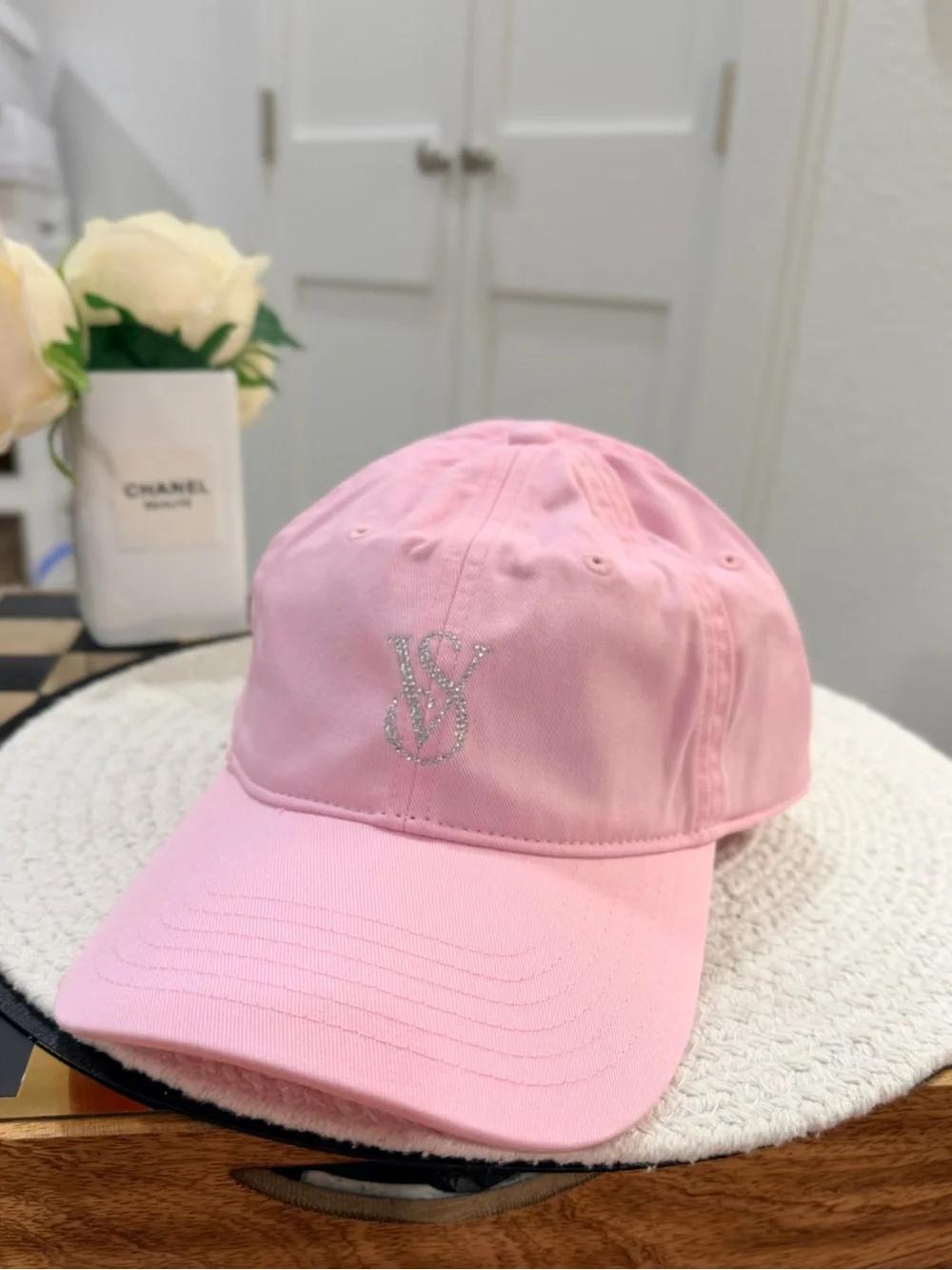 Victoria Secret Pink Baseball Cap Adjustable Cotton Hat Silver Glitter Logo New